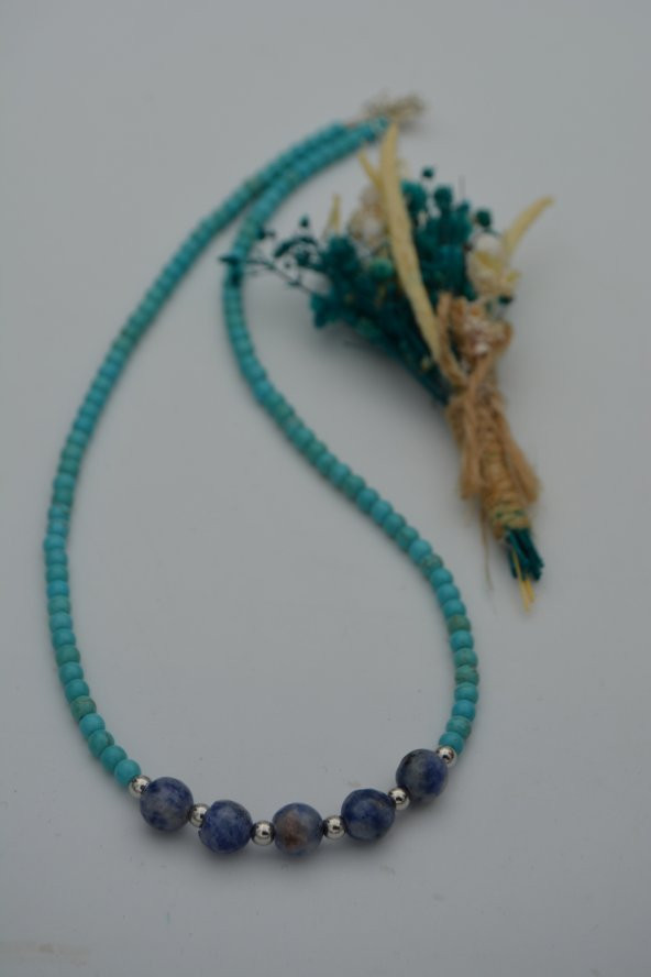 STONEAGE Turkuaz ve Sodalit Doğal Taşlı Bayan Kolye - Resim 6