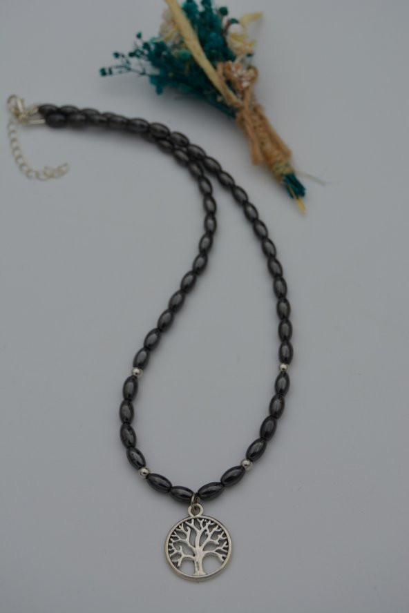 STONEAGE Hematit Taşlı ve Hayat Ağacı Figürlü Bayan Kolye - Resim 3