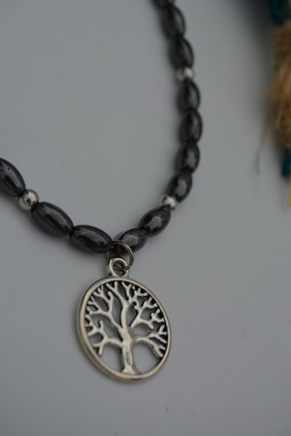STONEAGE Hematit Taşlı ve Hayat Ağacı Figürlü Bayan Kolye - Resim 8