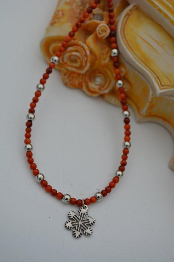 STONEAGE Mercan Taşlı Kar Tanesi Bayan Doğal Taş Kolye - Resim 9