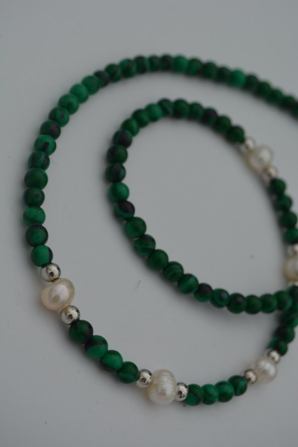 STONEAGE Malahit ve İncili Kolye Doğal Taş - Resim 7