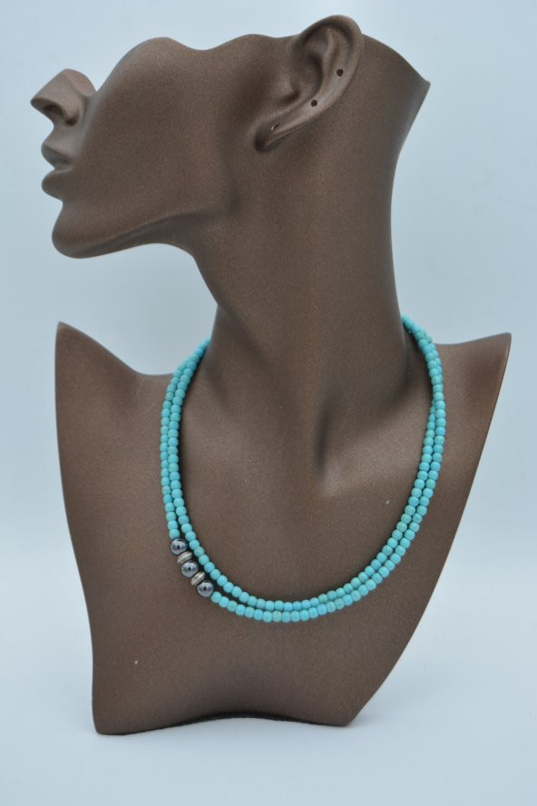 STONEAGE Turkuaz ve Hematit Taşlı Kısa Uzun Kullanılabilen Kolye - Resim 2