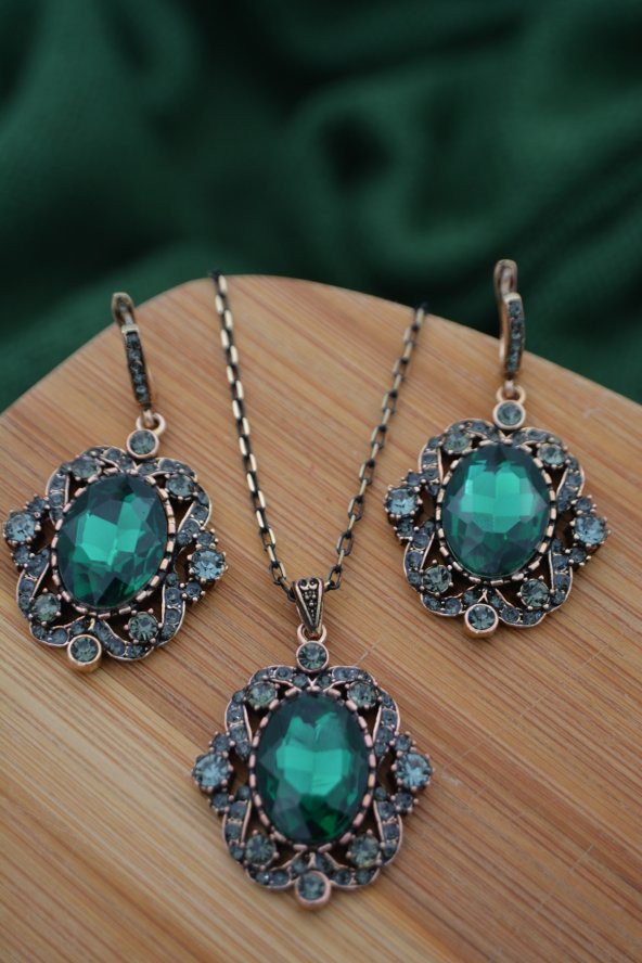 STONEAGE Zümrüt ve Zirkon Taşlı Kolye ve Küpe Set Takım Yeşil - 2