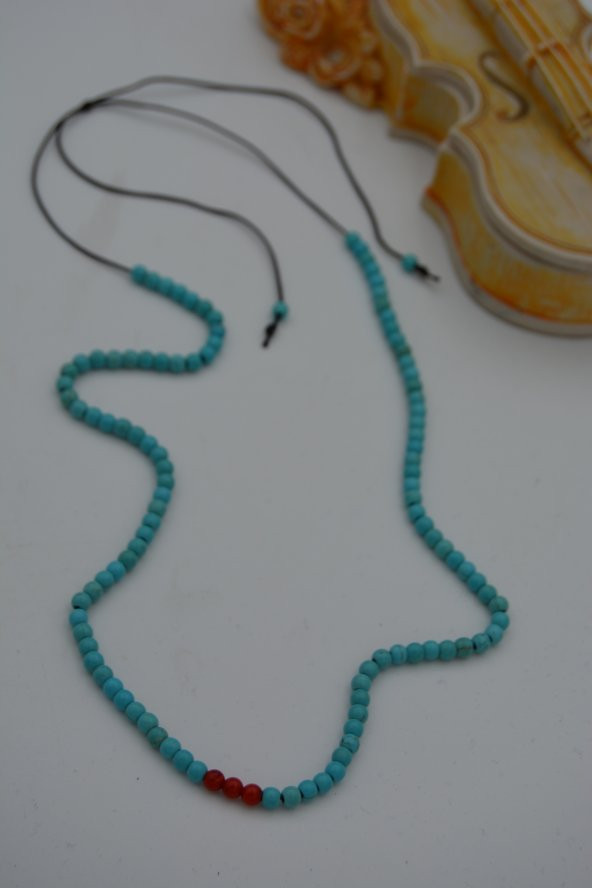 STONEAGE JEWELLERY Mercan ve Turkuaz Taşlı Metalsiz Kolye - Resim 2