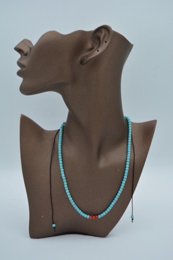 STONEAGE JEWELLERY Mercan ve Turkuaz Taşlı Metalsiz Kolye - Resim 3