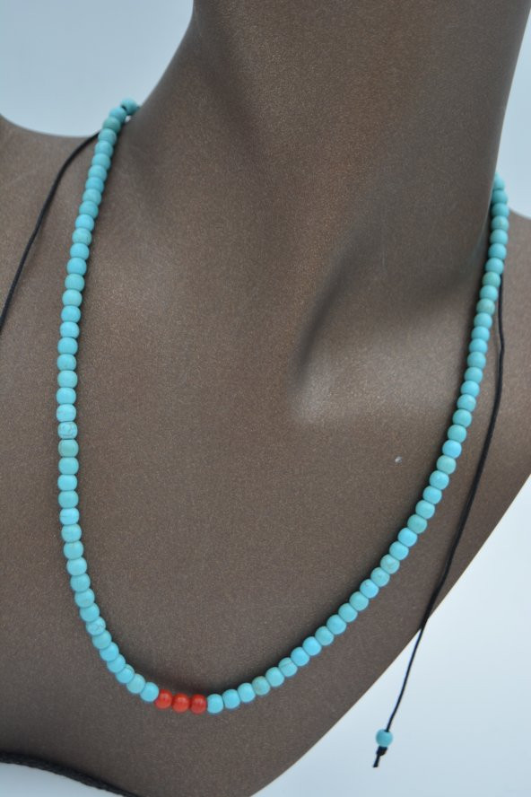 STONEAGE JEWELLERY Mercan ve Turkuaz Taşlı Metalsiz Kolye - Resim 4