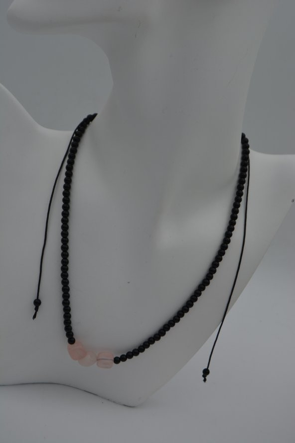 STONEAGE JEWELLERY Pembe Kuvars ve Oniks Taşlı Metalsiz Kolye - Resim 3