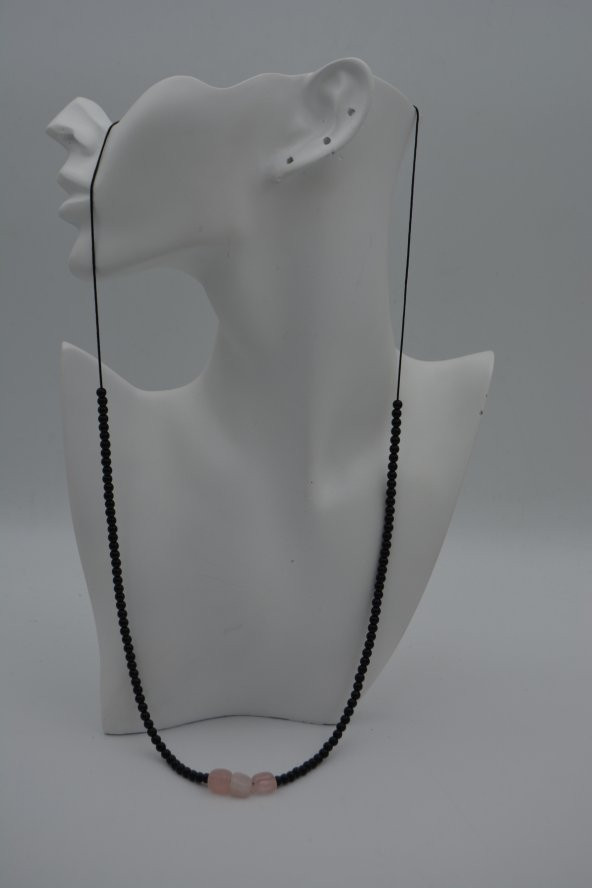 STONEAGE JEWELLERY Pembe Kuvars ve Oniks Taşlı Metalsiz Kolye - Resim 5