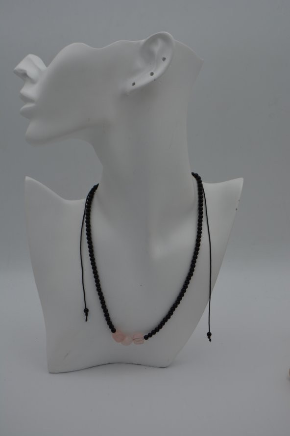 STONEAGE JEWELLERY Pembe Kuvars ve Oniks Taşlı Metalsiz Kolye - Resim 4