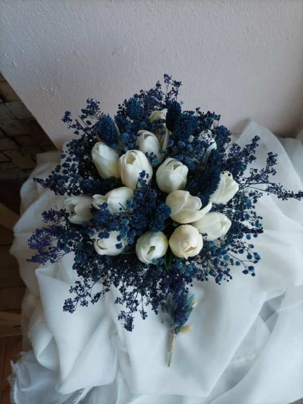 Lacivert ıslak lale gelin buketi, mavi lale gelin çiçeği, nikah çiçeği - 3