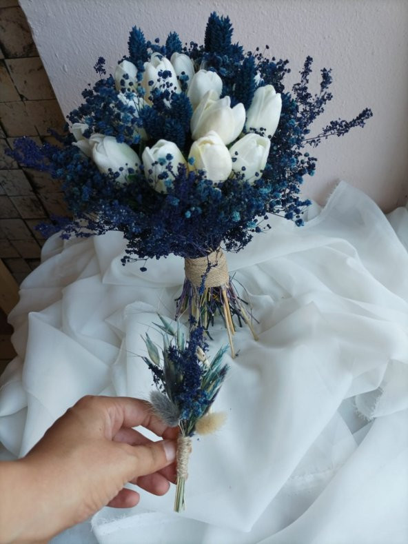 Lacivert ıslak lale gelin buketi, mavi lale gelin çiçeği, nikah çiçeği - 5