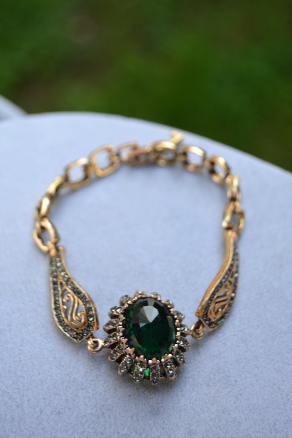 STONEAGE Yeşil Kadın Bileklik Zümrüt Taşlı Mücevher İşçiliği Otantik Bronz - Resim 3