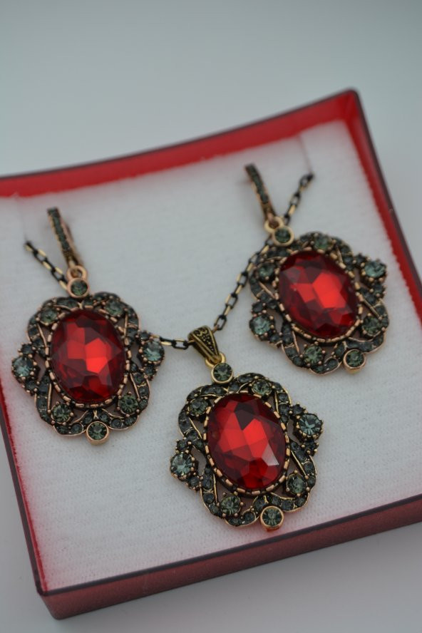 STONEAGE Yakut ve Zirkon Taşlı Kolye ve Küpe Set Takım - 2