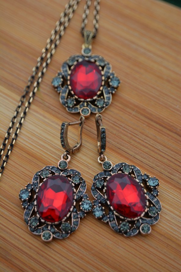 STONEAGE Yakut ve Zirkon Taşlı Kolye ve Küpe Set Takım - 3