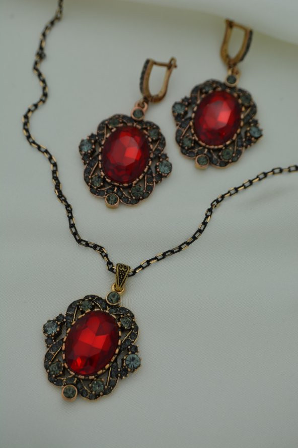 STONEAGE Yakut ve Zirkon Taşlı Kolye ve Küpe Set Takım - 6