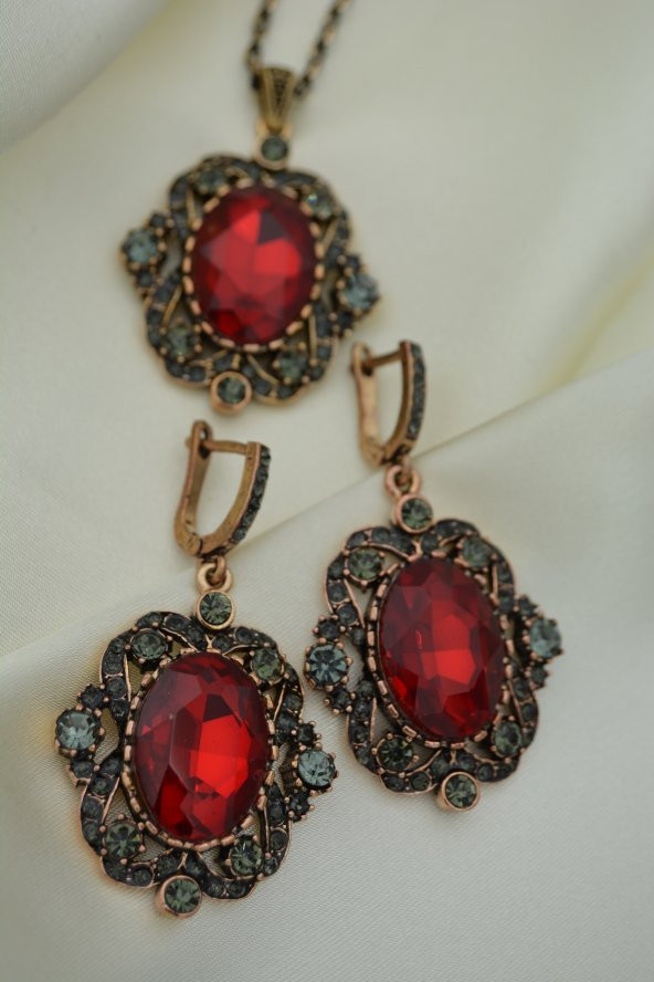 STONEAGE Yakut ve Zirkon Taşlı Kolye ve Küpe Set Takım - 8