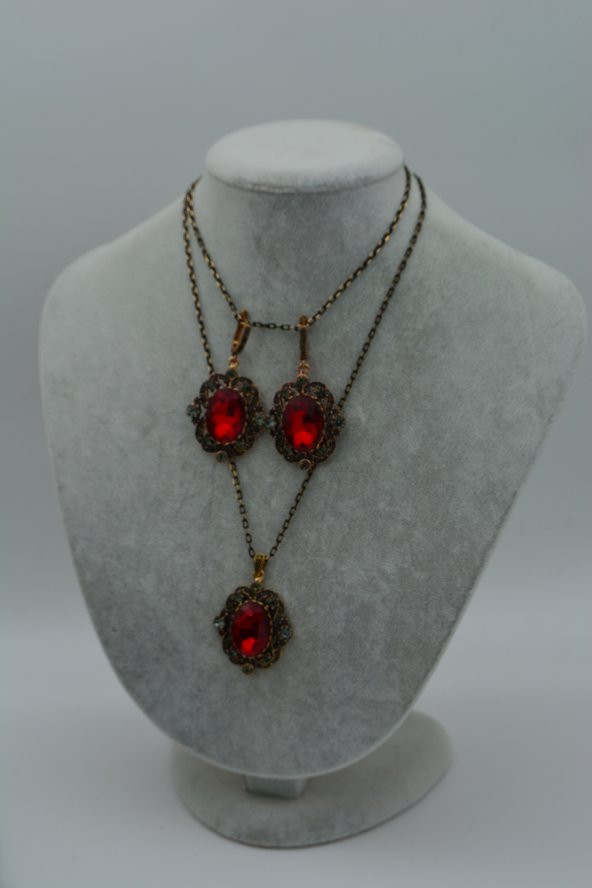 STONEAGE Yakut ve Zirkon Taşlı Kolye ve Küpe Set Takım - 9