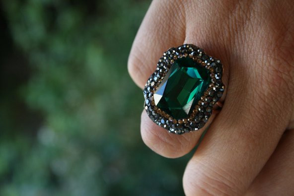 STONEAGE Kadın Yüzük Yeşil Kristal Taşlı El Yapımı ve Ayarlanabilir - Resim 2