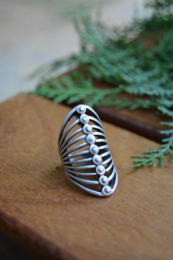 STONEAGE Bayan Antik Gümüş Bohem Yüzük Ayarlanabilir - Resim 3