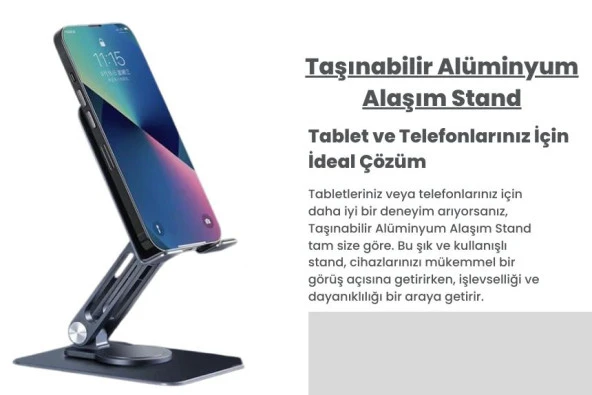 Cosmostech Telefon ve Tablet Tutucu 360° Hareketli Dönen, Katlanabilir Metal Alüminyum Masaüstü Stand - 6