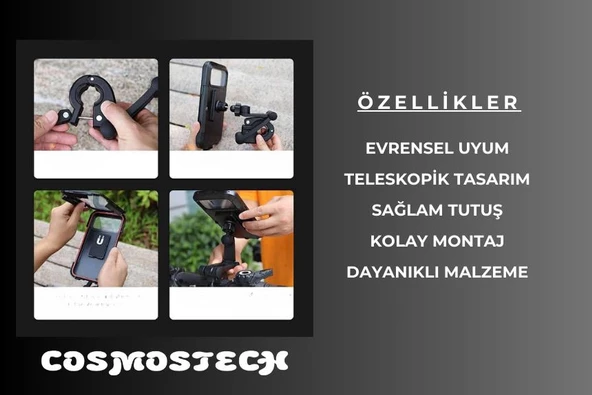 Cosmostech Motosiklet Bisiklet Su Geçirmez 360° Ayarlanabilir Telefon Tutucu Navigasyon Stand - 7