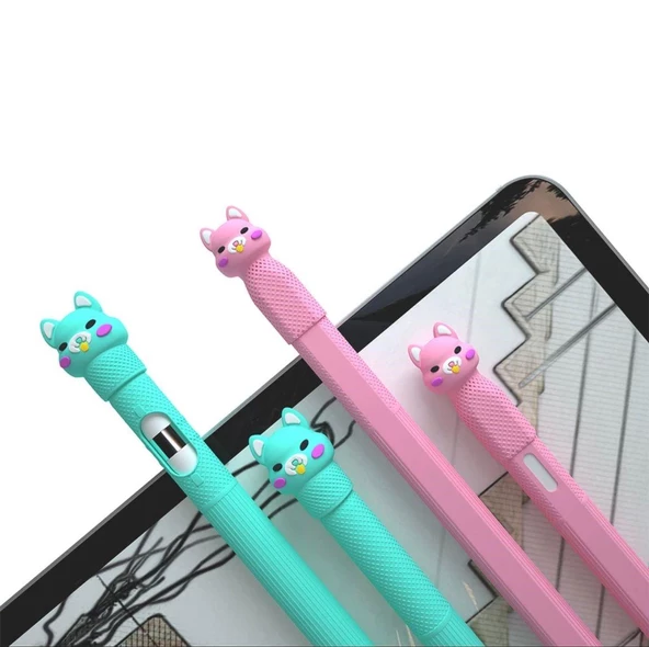 Apple Pencil 2. Nesil Uyumlu Koruyucu Silikon Kılıf Kaydırmaz Sevimli Kedi Figürlü - 3