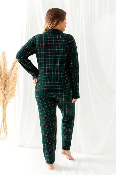 Nisanca Büyük Beden Kışlık Düğmeli Ekose Desen Yılbaşı Temalı  Kadın Süet Pijama Takımı - 12