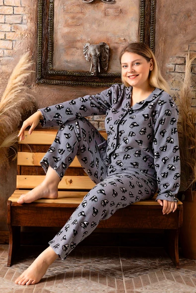 Nisanca Büyük Beden Kışlık Düğmeli Gömlek Pijama Takımı - 2