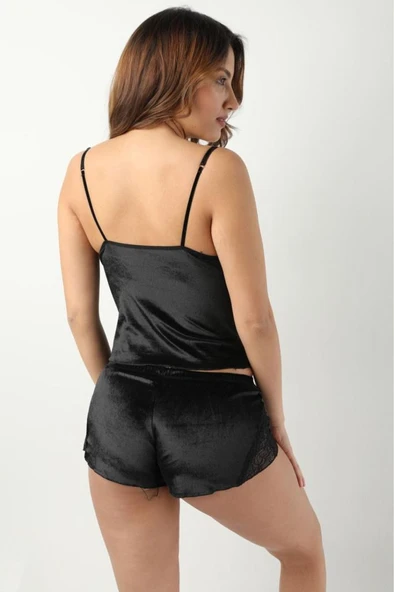 Sistina Bayan Siyah Kadife Sabahlıklı Büstiyer Şort Takım 1399 - Resim 10