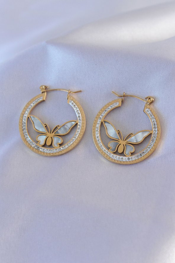 316L Çelik Gold Renk Zirkon Taşlı Halka Kelebek Model Kadın Küpe ürün görseli