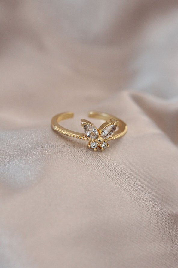 Ayarlamalı Altın Renk Metal Zirkon Taş ve Kristal Taşlı Kelebek Model Yüzük ürün görseli