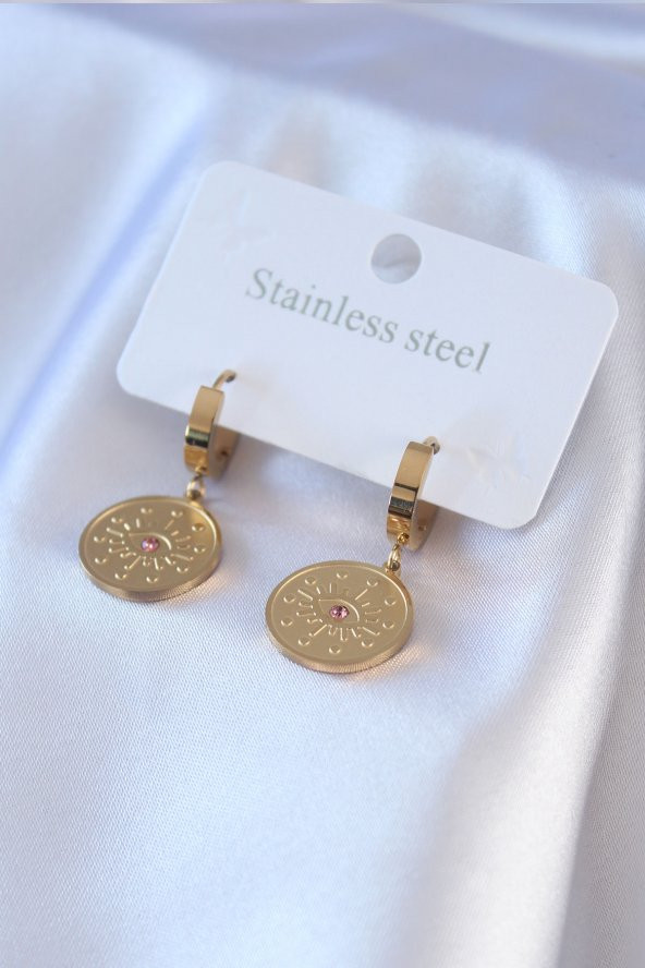 316L Çelik Gold Renk Göz İşleme Zirkon Taş Detay Kadın Küpe ürün görseli