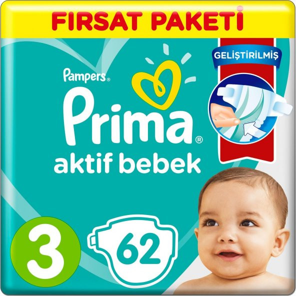 Prima Bebek Bezi Aktif Bebek Fırsat Paket 3 Beden 62 Adet