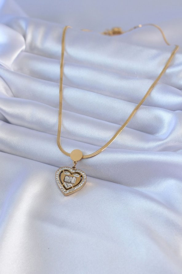 316L Çelik Gold Renk İtalyan Zincir Model Zirkon Taşlı Kalp Model Kadın Kolye - Resim 2