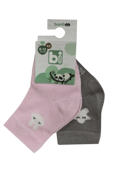 Bibaby Desenli Bamboo 2'Li Çorap 68384 Pembe Gri