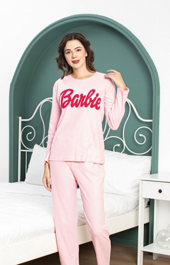 Pamuklu Penye İnterlok Kışlık Termal Kadın Uzunkol Pijama Takımı Barbi nakışlı