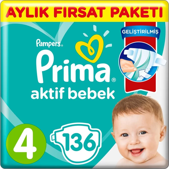 Prima Bebek Bezi Aktif Bebek 4 Beden Aylık Fırsat Paketi 136 Adet