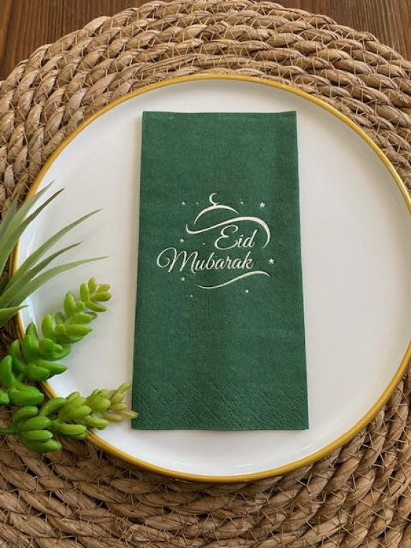 Gümüş Yaldızlı Yeşil Eid Mubarak Peçete 16 Adet ürün görseli 1