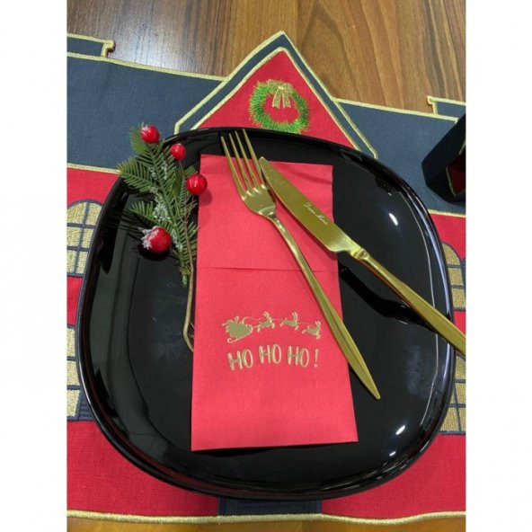 Gold Kırmızı Cepli Aır Touch Yılbaşı Ho Ho Ho Yazılı Peçete 12 Adet 40x40