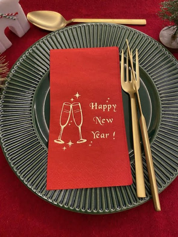 Gold Yaldızlı Kırmızı Yılbaşı Kadeh Happy New Year Peçete 16 lı - Resim 2