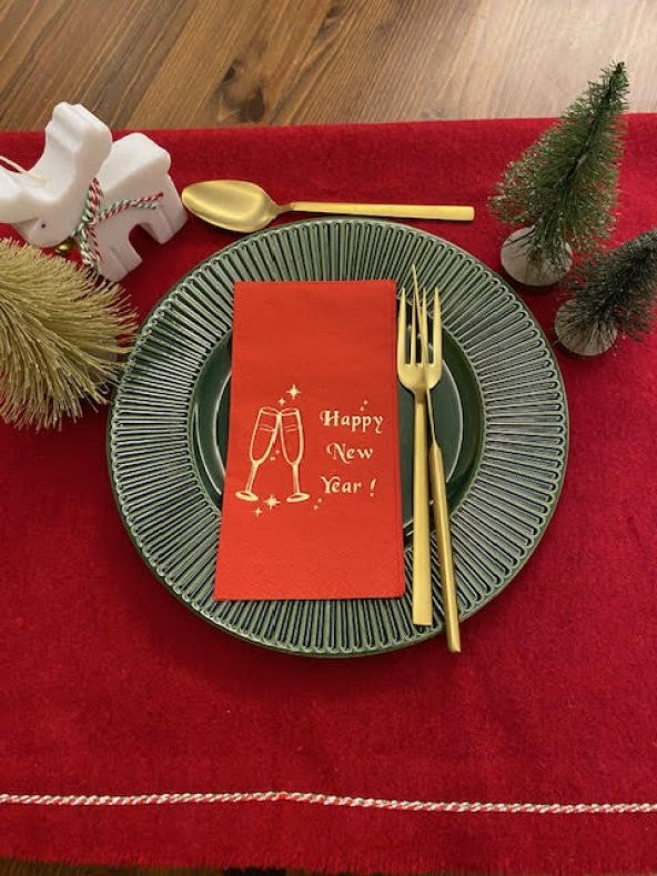 Gold Yaldızlı Kırmızı Yılbaşı Kadeh Happy New Year Peçete 16 lı - Resim 3