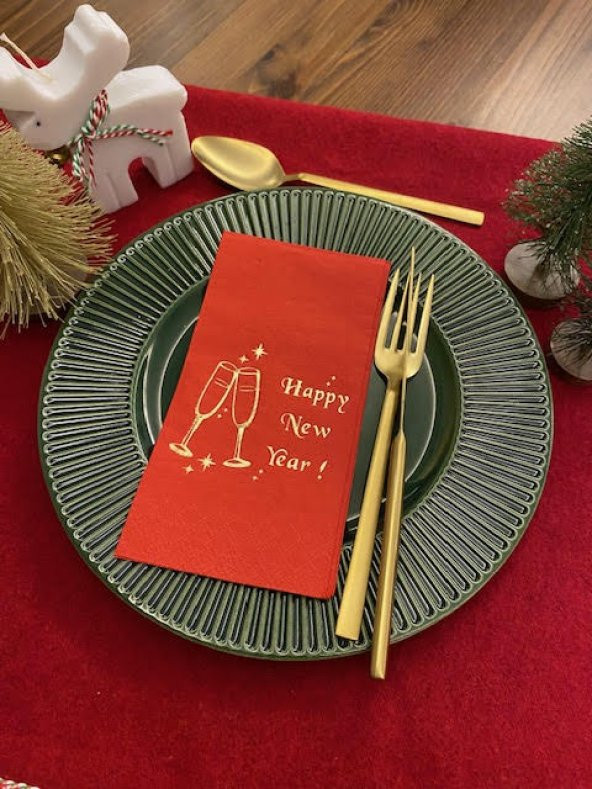 Gold Yaldızlı Kırmızı Yılbaşı Kadeh Happy New Year Peçete 16 lı - Resim 4