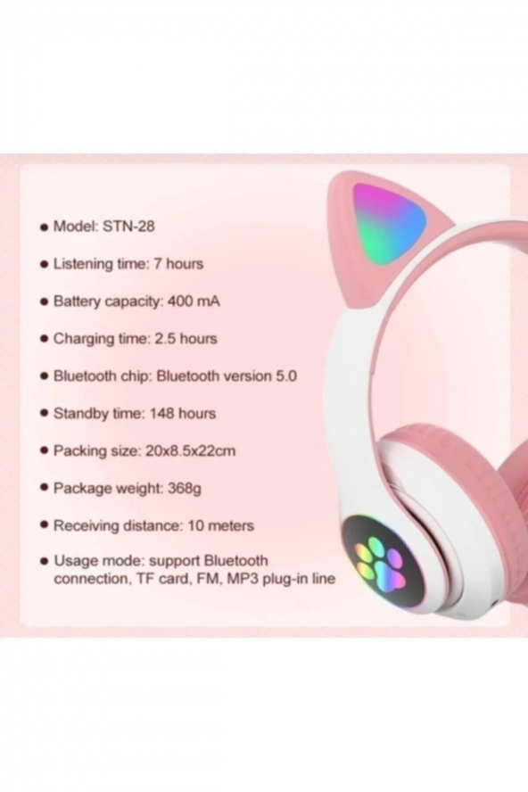 Kablosuz Bluetooth 5.0 Led Işıklı Kedili Şık Kulaklık - 2