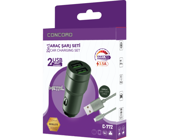 Concord C-772 TYPE-C Kablo Çift USB Araç Şarj Cihazı - 4