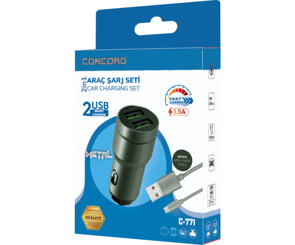 Concord C-771 Micro Kablo Çift USB Araç Şarjı - 4