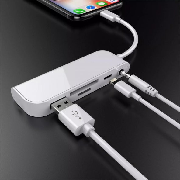 Concord Lightning To Usb + Kart Okuyucu (SD/TF)+ Şarj + 3.5mm Aux Dönüştürücü - 3