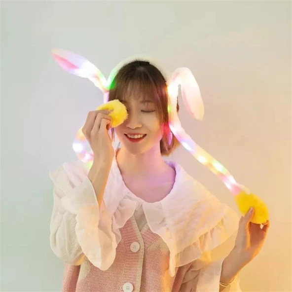 Tavşan Taç Şapka Hareketli Işıklı Kulaklar Peluş Kafa Bandı Sarı Hava Yastık - 4