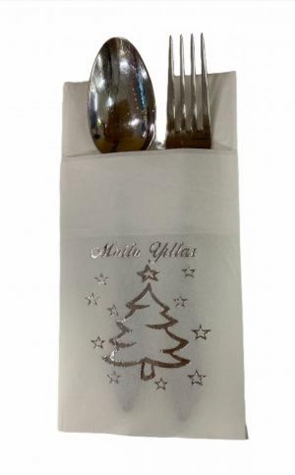 Gümüş Yaldızlı Beyaz Mutlu Yıllar Cepli Aır Touch Peçete 12 lı 40x40 ürün görseli 1