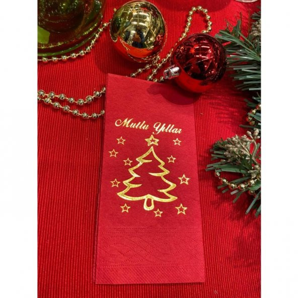 Gold Yaldızlı Kırmızı Mutlu Yıllar Çam Ağacı Peçete ürün görseli 1
