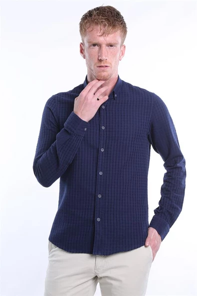 İntersivin Slim Fit Pamuklu Lacivert Uzun Kollu Erkek Gömlek